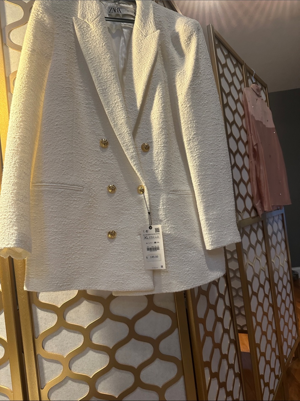 ZARA white Double-Breasted Textured Blazer with Gold Buttons Size XL - Picture 8 of 8